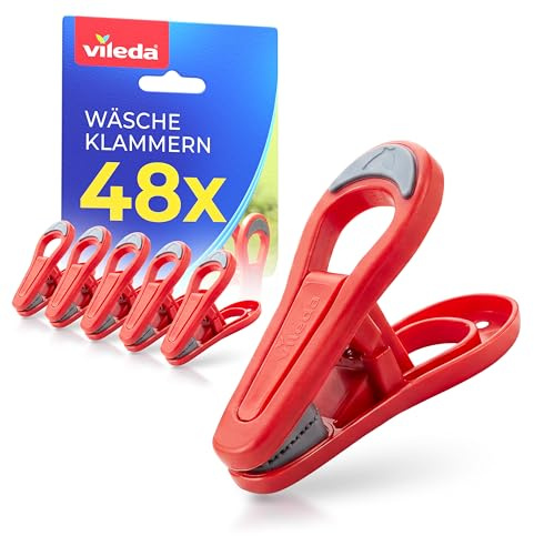 Vileda Wäscheklammern 48er Set ohne Metallfeder – Robuste Kunststoff Klammern mit Soft Grip für sicheren Halt – Wetterfeste Wäscheklammern Großpackung für Wäscheleine, Balkon und Garten