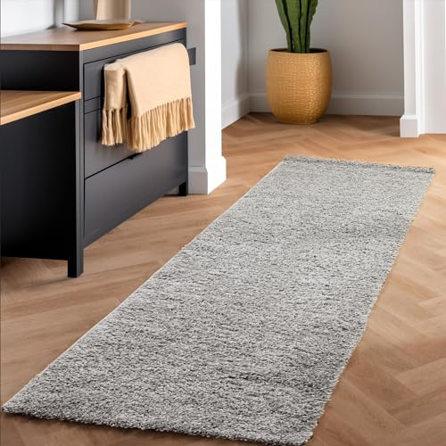 SIMPEX Shaggy Hochflor Teppich, 80x250 cm, Hellgrau, weich, flauschig, modern, einfarbig, Für schmale Räume oder Küche, für Wohnzimmer Schlafzimmer Flur