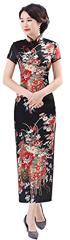 Shanghai Story Faux Silk Chinese Dress Long Cheongsam Floral Qipao L Black