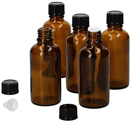 MamboCat 5tlg.-Set Miniaturflaschen mit Tropfer 50 ml I Tropferflasche aus Braunglas I Apothekerfläschen mit Tropfeinsatz I UV-geschützte Medikamenten-Aufbewahrung I Wiederverwendbar