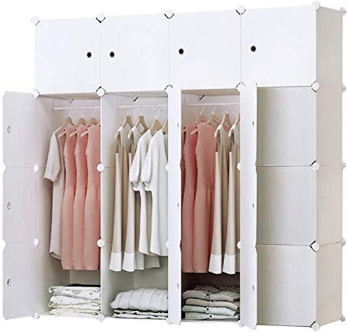 BRIAN & DANY Kleiderschrank aus 16 Würfeln, Garderobenschrank Steckregalsystem Kunststoffschrank mit Türen & 3 Kleiderstange, 148 x 47 x 148 cm