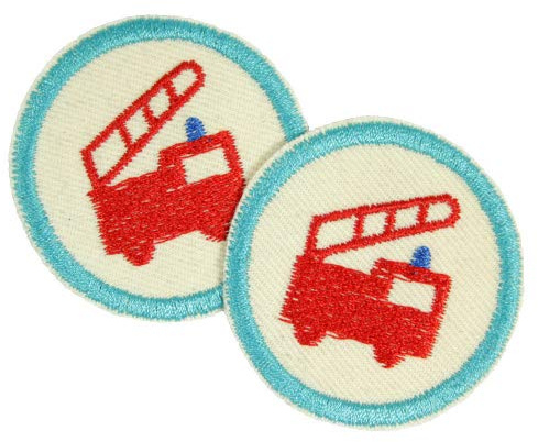 Flicken rund Feuerwehr auf Bio Stoff nature 2 Bügelbilder 112 Aufbügler für Jungs ø 5cm kleine Bügelflicken Patches mini Hosenflicken zum aufbügeln