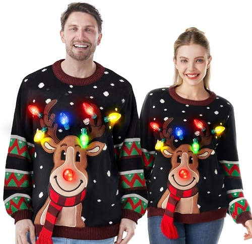 JOYIN Ugly Christmas Sweater Women Men Couples, LED Light Up Ugly Christmas Sweater Kids 2025 Reindeer(Black
