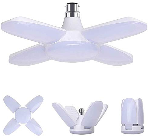 Jiotouhu B22 Baïonnette Casquette Lampe de Garage LED, Blanc Froid 60W 6500K 5500lm Lampe d'atelier déformable,avec 4 panneaux ajustables,pour Garages, Sous sol, Atelier, Entrepôt(pack de 1)