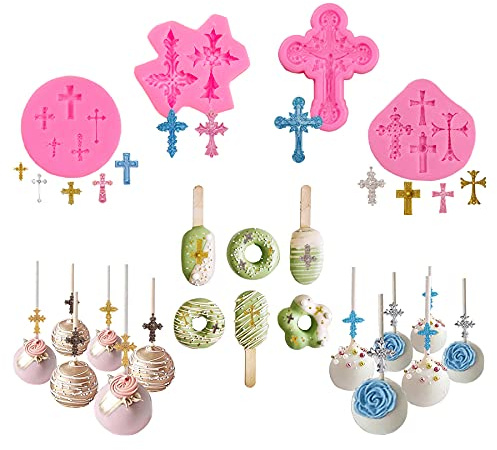 4 Pcs Small Chocolate Molds Baptism Cake Decorations Cross Cake Candy Mold,Fondant Polymer Clay Mold