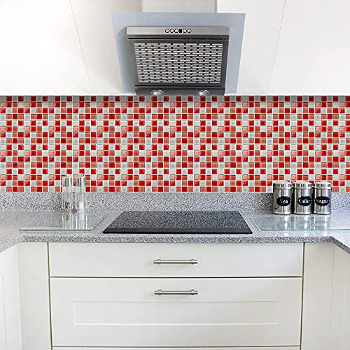 Stick on Tiles Red White Checkered Tile Stickers PVC Self Adhesive Wall Tiles Heat Resistant Tile Stickers for Kitchen Bathroom Waterproof Peel and Stick Floor Tiles Tile Paint 15x15cm