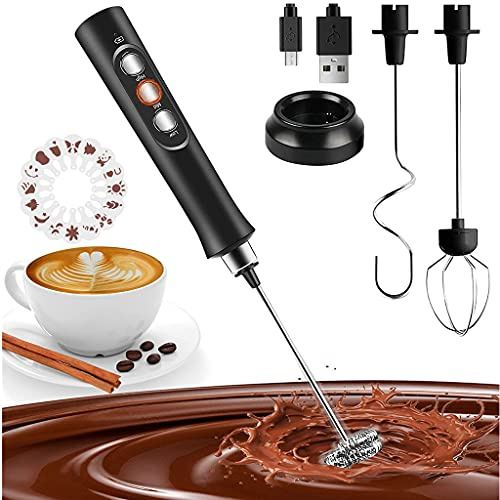 MEETOZ Mousseur à lait silencieux à main, rechargeable par USB, 3 vitesses pour cappuccino, latte, mélange d'œufs, matcha, chocolat chaud, 3 fouets en acier inoxydable (16 pièces sans pochoirs) (noir)
