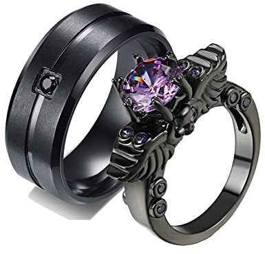 ANAZOZ 2 Stück Eheringe Paarpreis Edelstahl Vergoldet 8mm Breit Gebürstet Solitär Diamantring Trauringe Partnerringe Schwarz Damast Eheringe Frau:62 (19.7) & Mann:67 (21.3)