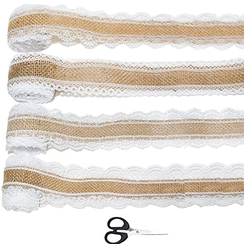 4 Rollen x 2 m Juteband mit Spitze, Spitzenband Vintage dekoband für DIY Handwerk Weihnachten Deko Hochzeit Party Basteln Geschenkband