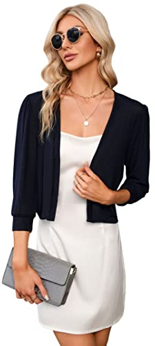 KOJOOIN - Bolero elegante da donna, cardigan festivo con maniche a 3/4, bolero in maglia elegante (confezione riutilizzabile), Blu scuro, M