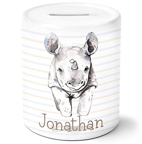 timalo® Coole Spardose personalisiert mit Namen | Personalisierbares Geschenk Sparschwein für Kinder Tiere Geschenkidee | Nashorn spardose-t-36
