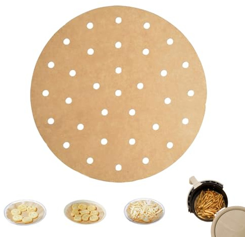 100 Stück Backpapier für Heißluftfritteuse, 23cm Airfryer Backpapier Rund Wasserdicht Ölfest Heißluftfritteuse Backpapier für Backen Ofen Mikrowelle, Perforiert, Braun