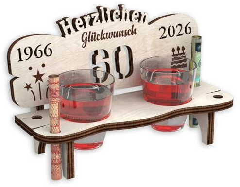 Urhome Schnapsbank mit Jahreszahl 60 Gravur zum Geburtstag, Jubiläum, Jahrestag aus Holz - 2 Schnapsgläser - 60 Jahre Hell Braun
