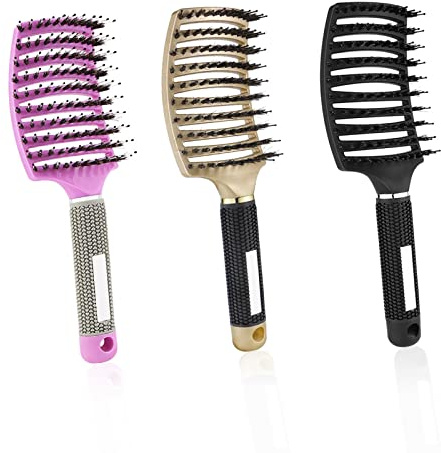 Lot de 3 brosses à cheveux en poils de sanglier souples pour homme et femme - Brosse à cheveux incurvée et humide - Brosse démêlante pour extensions de cheveux - Peigne à cheveux de massage