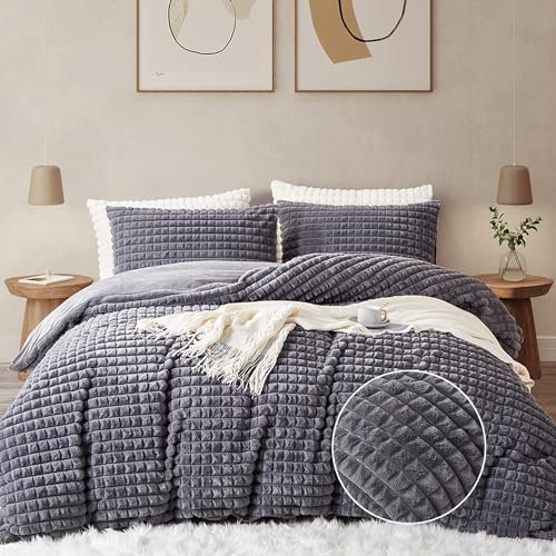 Nyescasa Plüsch Bettwäsche 135x200 Grau Warme Winter Flauschig Flanell Biber Wendebettwäsche Langhaar Deckenbezug Fleece Cashmere Touch 2 Bettbezug mit Reißverschluss und 2 Kissenbezug 80x80cm