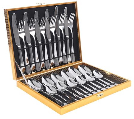 Besteck Set 6 Personen 24 teilig mit Geschenkbox inkl mit Esslöffel Essgabel Essmesser Kuchengabel ​Löffel für Haus Küche Restaurant