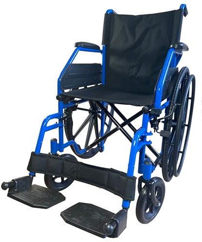 PBPharma - Carrozzina Deluxe Pieghevole 40 x 43 e Leggera per Anziani - Sedia a Rotelle Pieghevole con Braccioli Ribaltabili, Pedane Estraibili, Ruote Piene e Freni di Stazionamento Blu