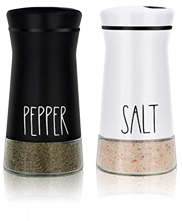 Farmhouse Salt and Pepper Shakers with Adjustable Pour Holes, Refillable Salt Shaker by Aelga, Ideal for Himalayan, Kosher, Black and White Pepper