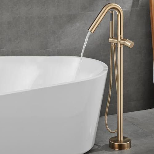 Freistehende Badewannenarmatur mit Handbrause, Messing Badewannenarmatur Wasser Kalt und Heiß Einhebelmischer Badezimmer-Wasserhahn Freistehend Badewanne-Gebürstetes Gold
