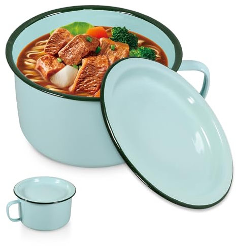Amosfun Vintage Enamel Pasta Bowl Noodles Bowl Lunch Box With Handle and Lid, Home Kitchen Food Serving Bowl Soup Cup Green