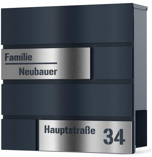 Graviers Design Briefkasten mit Zeitungsfach in Anthrazit RAL 7016 - Laserschnitt Postkasten personalisiert Edelstahl Name Straße Hausnummer - Wandbriefkasten Briefbox mit Schloss Design 1