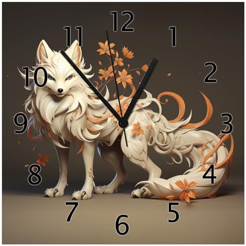 Wallario Design-Wanduhr Magischer Fuchs mit floralen Details aus Glas, Motiv-Uhr Größe 30 x 30 cm, Schwarze Zeiger