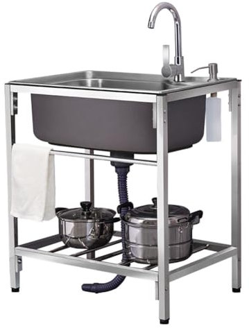 Edelstahlspüle Küchenspüle, Gewerbliche Spülbecken, Freistehende Einzelbecken Gastrospüle mit Kalt- und Warmwasserhahn, Handwaschbecken für Innen und Außen(60x45x75cm/24x18x30inch)