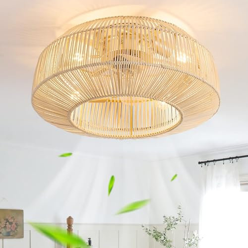 hummst Boho Rattan Ceiling Fan with Lighting, Quiet, 50cm Bamboo Ceiling Fan with Light and Remote Control, 6 Wind Speeds Timer for Bedroom, Living Room