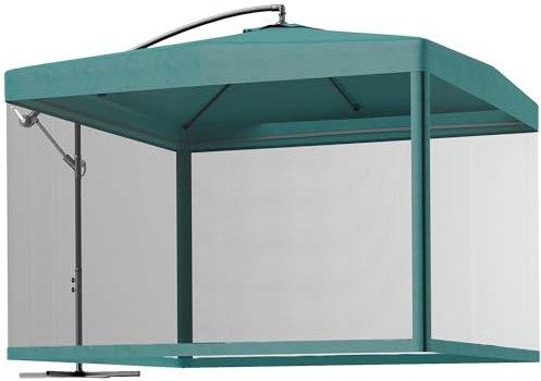Outsunny Parasol Excéntrico Ø 295 cm Sombrilla de Jardín con Ángulo Ajustable Mosquiteras Base Cruzada y Manivela para Terraza Patio Exterior Verde Oscuro