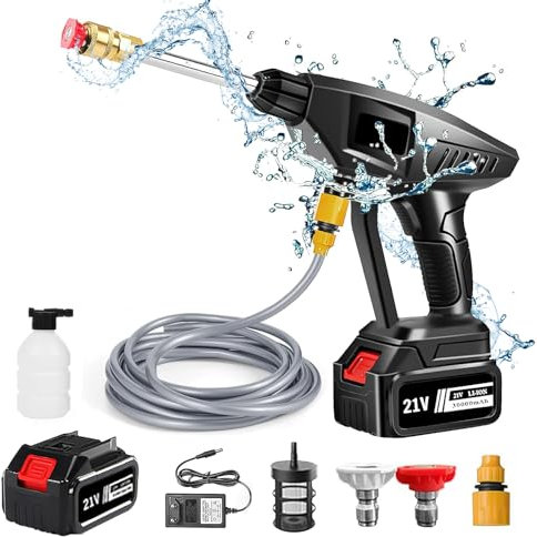 Nettoyeur Haute Pression sans Fil 60Bar sur Batterie (30000mahA) - Pistolet avec Chargeur et Tuyau de 5M pour Jardin et Voiture