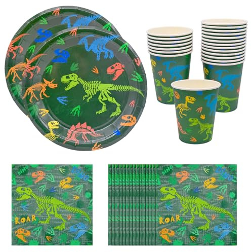 TULEBOLIAN 60Stück Dinosaurier Geburtstag Geschirr Set,Dinosaurier Party Geschirr,Pappteller,,Servietten,für Kindergeburtstag Zubehör,20 Gäste