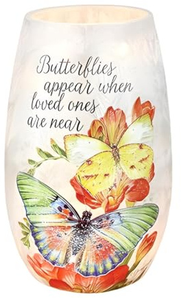 Stony Creek Illuminated Lighted Vase – Butterflies Appear with Orange Flowers – Small 5.25 – UL-Certified Glass Decorative Accent – Memorial & Sympathy Gift