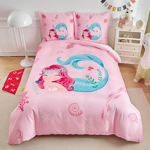 WUMIUER Mädchen Kinderbettwäsche 135x200 cm Set 2tlg Rosa Meerjungfrau - Weich Romantisch Bettbezug 135x200cm und 1 Kissenbezug 80x80cm mit Reißverschluss, Süß Cartoon Bettwäsche für Dame Einzelbett