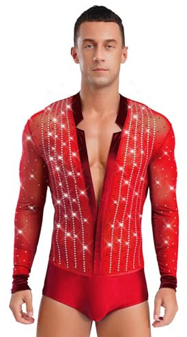 Choomomo Herren Langarm Tanztop Latein Hemd Glitzer Ballett Trikot mit Tiefer V Ausschnitt Stretch Bodysuit Turnanzug Glänzend Tanz Kostüm Rot 3XL