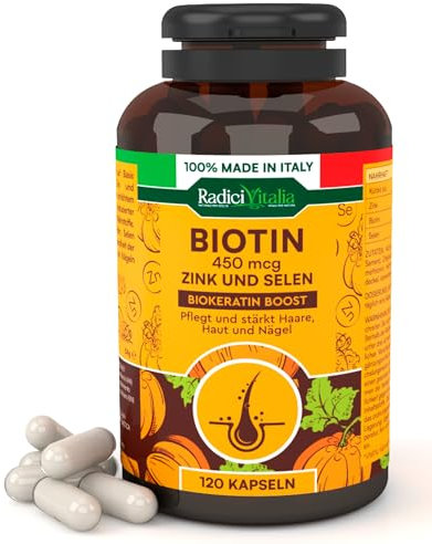 Biotina Zinco e Selenio 450mcg Integratore Vitamina B7 120 Capsule per Crescita Capelli Unghie Forti e Pelle Sana con Estratto di Zucca 4 Mesi di Trattamento RadiciVitalia Made in Italy