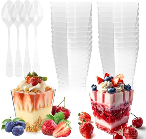 50 Stück Dessertgläser Plastik 160ml mit Löffeln alle Wiederverwendbar | Dessertbecher Plastik Transparenten für Mousse Kuchen ,Eis,Joghurt,Pudding
