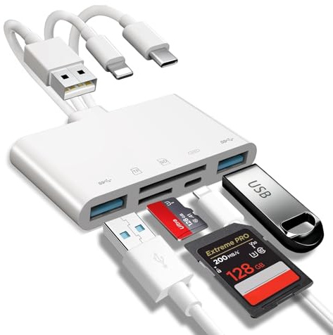5-in-1 Memory Card Reader SD Card Reader & USB OTG Adapter | Compact metal adapter SD/Micro SD/SDHC/SDXC/MMC helps organise photos and files from connected devices