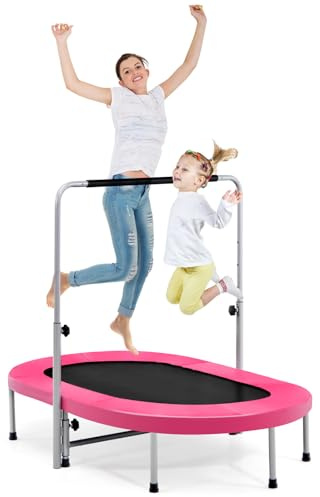 COSTWAY Cama Elastica para 2 Personas, Trampolin de Fitness Plegable con Mango Ajustable en 5 Niveles, Trampolín para Niños y Adultos con Capacidad de 150 kg, para Hogar y Gimnasio (Rosado)
