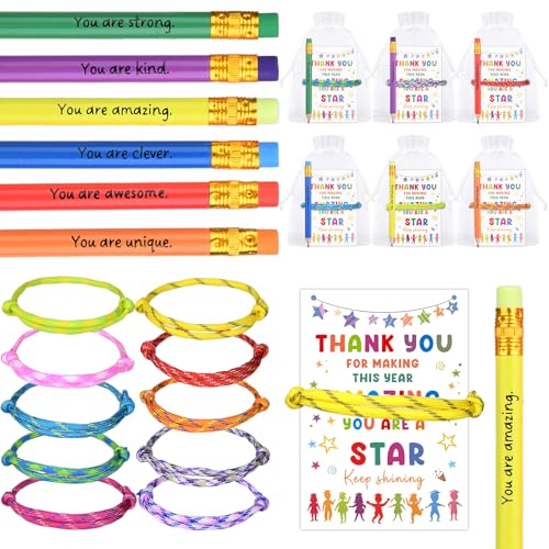 OuMaiFeng Class Gifts for 30 Children,End of Term Gift for Children,Gift for Students from Teachers,Adjustable String Wave Bracelets,30 Rope Bracelet,30 Pencils,Multiple Colors (Modern)