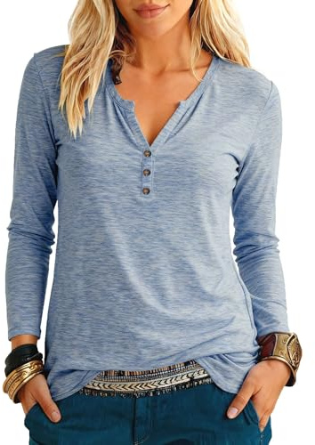 Teesho T-shirt för kvinnor, långärmade v-ringade toppar, eleganta skjortor, höst, långtröja, bomull, pullover, toppar, tunika, F-blå grå, XL