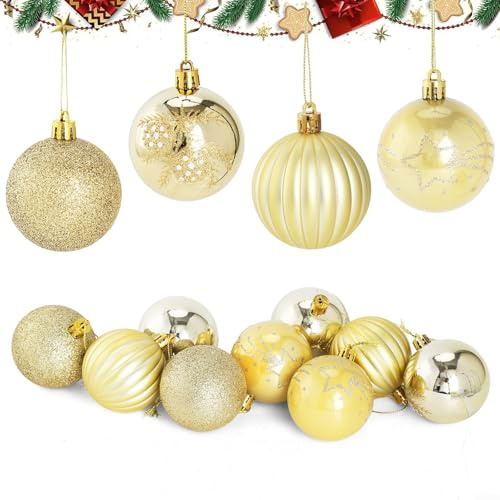 Juego de 9 bolas de Navidad con purpurina y diseños de piña estampados para decoraciones de árbol de vacaciones y de temporada para estilo festivo (dorado y amarillo)