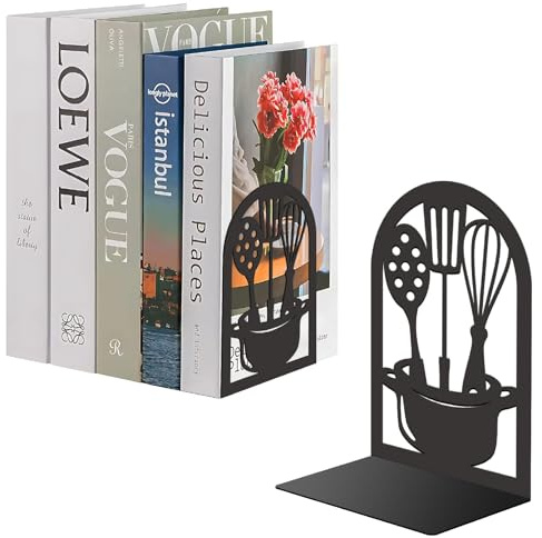 PRESSINART 1 Paar Küchen Buchstützen Metall Buchstopper Schwarz Küchenutensilien Muster 4,7 x 7,1 x 3,5 Zoll Dekorative Schwerlast Buchstützen Für Zuhause Büro Schreibtisch Regal Zimmer Deko