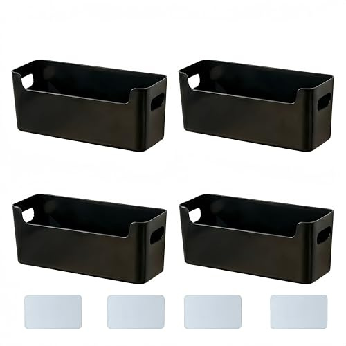 XAHMBSS 4 Stück Aufbewahrungsboxen mit Griff,Niedrigeren Vorderseite Aufbewahrungskorb,Aufbewahrungsbox Kunststoff für Küche und Bad,Regal Schrank Organizer Boxen (Schmale Schwarz)