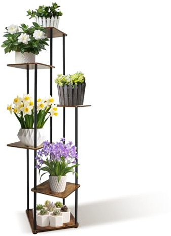 Lucn Metall-Pflanzständer mit 6 Schichten – Hohe Blumenablage, Eck-Blumentopfhalter, Holz-Pflanzablagegestell mit Ebenen zur Präsentation für Balkon, Garten, Terrasse, Wohnzimmer & Schlafzimmer