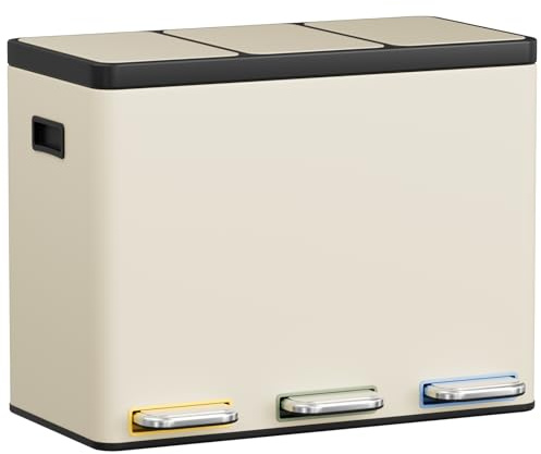 Clevich Sistema di raccolta differenziata 3 × 15 l in acciaio, 3 scomparti con pedali codificati a colori, pattumiera con coperchi soft close e secchio interno, beige