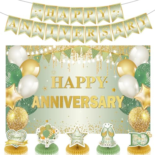 First Wedding Anniversary Decorations, Sage Green Happy Anniversary Banner Anniversary Honeycomb Centerpieces Wedding Party Backdrop for Marriage Celebrations Surprise Events Party Supplies