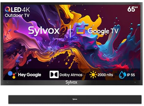 SYLVOX 65 TV Extérieur & Barre de Son Étanche - QLED 4K UHD 2000Nits, Smart Google Outdoor TV Étanche IP55, DVB-T2/S2/C, Google Assistant - pour Pool/Jardins/Terrasse (Pool Pro 2.0 QLED)