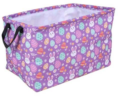 Taodyans Easter Storage Basket, 20L Foldable Bunny Egg Decor Organiser with Waterproof Lining and Handles, Kids Toy and Gift Bin (Purple)