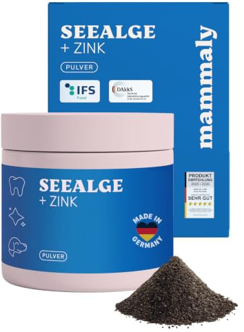 mammaly NEUHEIT 2026: Seealge + Zink Zahnpflege-Pulver (150g Pulver) | reicht ≈300 Tage (hochkonzentriert) gegen Mundgeruch, Zahnstein & Plaque - DLG zertifiziert - mit Tierärzten entwickelt