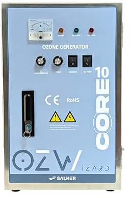 OZW-CORE-10 Generador de Ozono Profesional con Certificado CE, Purificador de Aire para Espacios de hasta 100 m², Control de Concentración 0-100%, Compresor Integrado, Tubo de Cuarzo